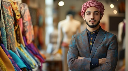 Obraz premium Confident young man wearing stylish outfit and traditional headwear stands in vibrant fabric store showcasing rich textiles and accessories, exuding cultural elegance