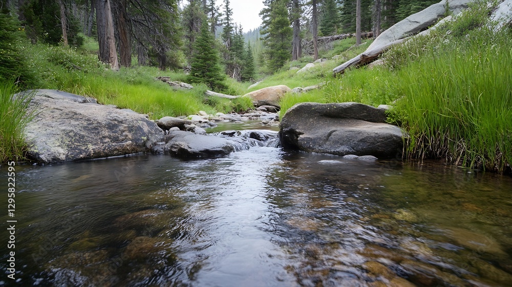 Poster Serene Stream Flowing Through Lush Green Meadow Surrounded by Towering Trees in Nature : Generative AI