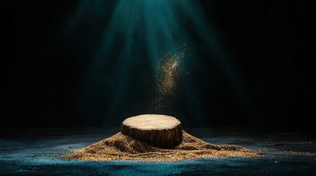 A spotlight illuminates a wooden platform with sparkling particles