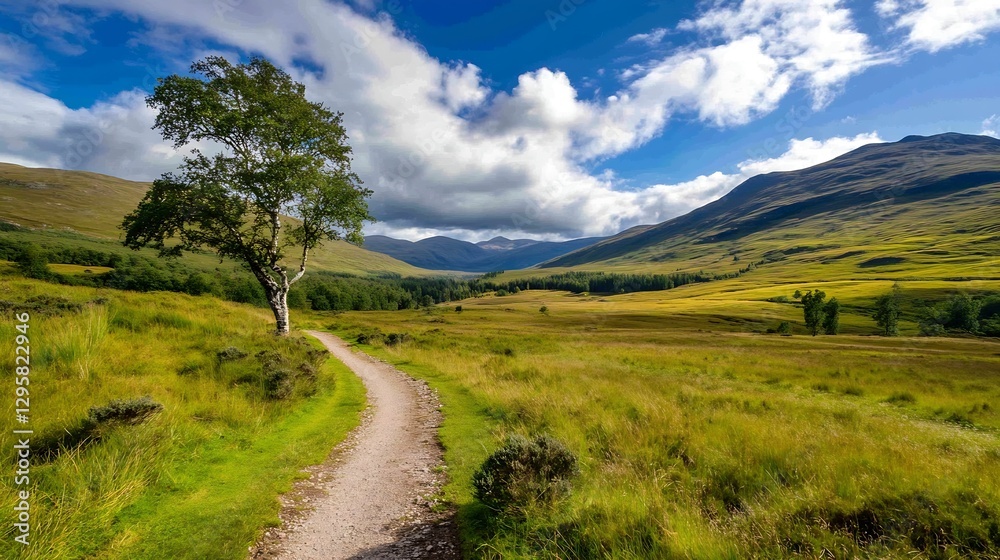 Poster scenic view of a peaceful pathway through rolling green hills under bright blue sky with clouds : ge