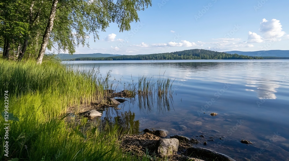 Poster calm lake view with lush greenery and cloudy sky in summer season : generative ai