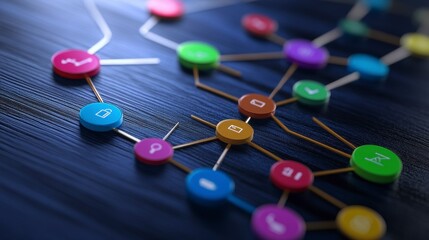 Fototapeta premium Abstract Network Visualization Colorful Nodes and Connecting Lines on Dark Blue Background