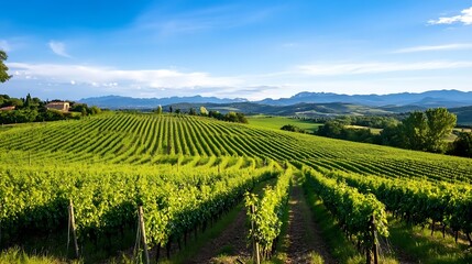 Naklejka premium Beautiful Vineyard Landscape with Lush Green Rows and Mountains Under Blue Sky : Generative AI