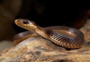 Obraz premium Captivating Close-Up of a Beautiful Brown Snake Resting on a Rock with Intricate Scales and Reflective Eyes in a Natural Setting