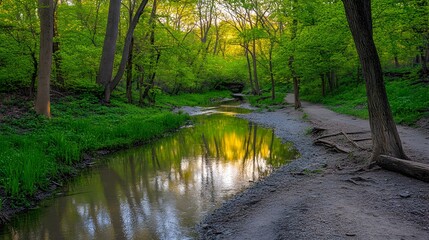 Obraz premium Serene forest scene with a winding creek reflecting vibrant greenery at sunset