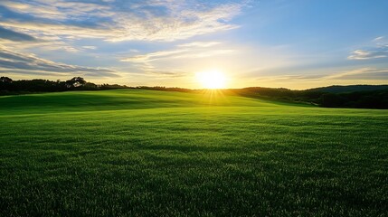 Obraz premium A bright green field under a clear blue sky with the sun setting on the horizon creating a tranquil rural scene : Generative AI