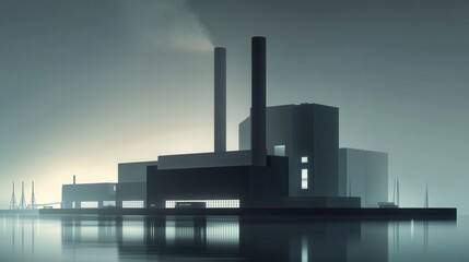 Industrial Power Plant Silhouette During Twilight Reflecting on Calm Water Surface in Urban Environment