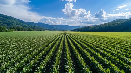 Expansive Green Agricultural Field with Rows of Crops under Bright Blue Sky : Generative AI