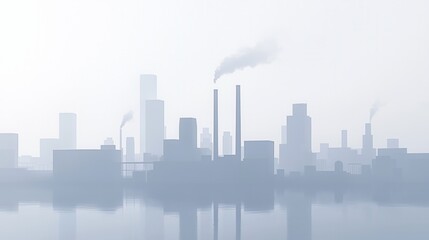 Fototapeta premium Industrial skyline silhouetted against a hazy backdrop with smokestacks and urban structures reflecting on calm water in dull ambiance
