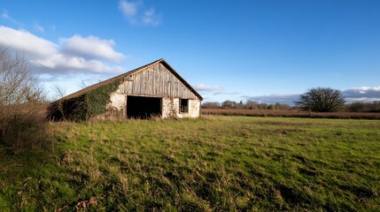 Abandoned Rustic Barn in a Vast Open Field Under a Clear Sky : Generative AI