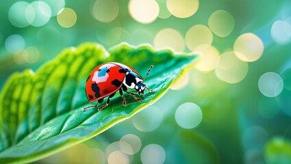 Naklejka premium Colorful ladybug rests on a green leaf amid a blurred natural background during sunny daylight