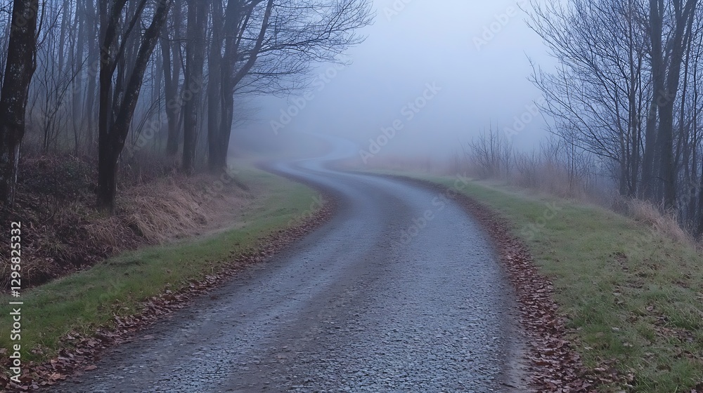 Poster winding gravel road surrounded by trees in a mysterious foggy landscape : generative ai