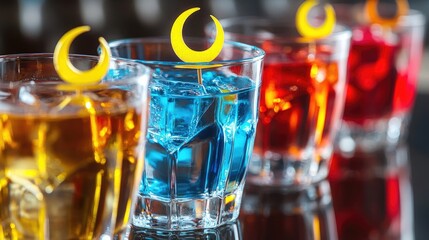 A reflective close-up of crystal-clear glasses filled with colorful Ramadan drinks