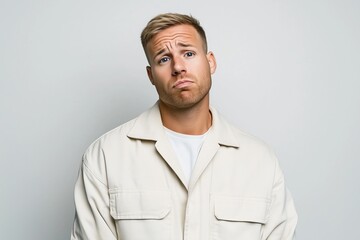 Obraz premium Young man in a beige jacket with a puzzled expression. confusion and doubt
