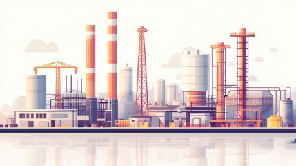 Obraz premium Modern Industrial Complex Featuring Smokestacks, Towers, and Machinery with a Calm Water Reflection in a Minimalist Art Style
