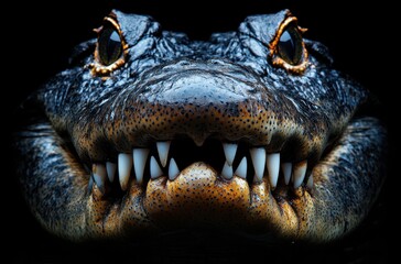 Obraz premium Captivating Close-Up of a Powerful Alligator Displaying its Sharp Teeth and Intriguing Eyes Against a Dark Background