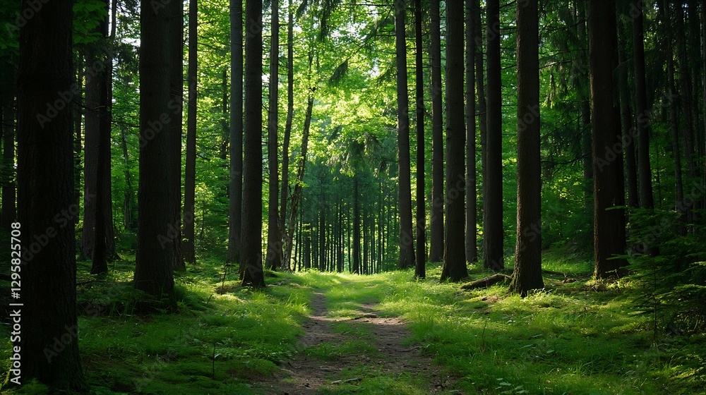 Poster lush green forest path bathed in sunlight with tall trees creating a canopy : generative ai