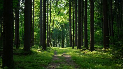 Obraz premium Lush green forest path bathed in sunlight with tall trees creating a canopy : Generative AI