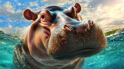 Close Up of a Hippopotamus in Sunlit Water