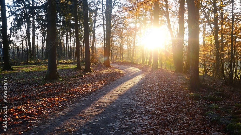 Poster golden hour glow on a quiet path in a scenic autumn forest : generative ai