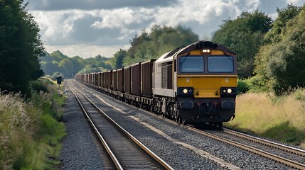 Fototapeta premium Freight Train Traveling Through Scenic Green Landscape Under Cloudy Sky : Generative AI