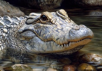 Obraz premium Captivating Close-Up of a Serene Alligator in Calm Waters Surrounded by Natural Rocks and a Tranquil Environment
