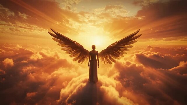 A serene and ethereal scene of an angelic figure, like a guardian angel, with large, detailed wings standing among clouds