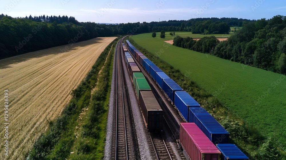 Poster Aerial View of Cargo Train on Tracks Surrounded by Lush Fields and Forest : Generative AI