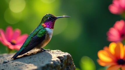 Fototapeta premium Vibrant Hummingbird Perched on a Rock Amidst a Garden of Blossoms, Basking in the Warm Sunlight