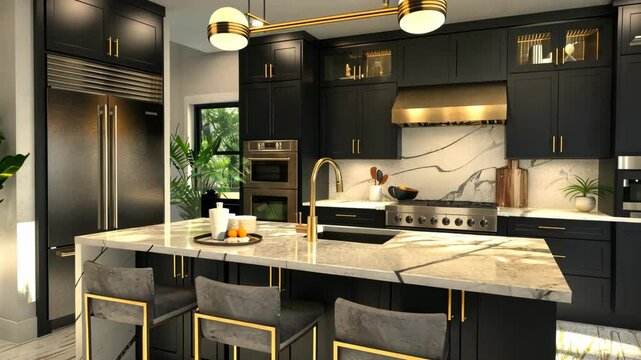 This kitchen features sleek black cabinetry, gold accents, stylish appliances, and a large island perfect for gatherings