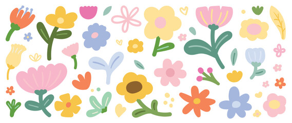 Collection of spring colorful flower elements vector. Set floral of wildflower, leaf branch, foliage on white background. Hand drawn blossom illustration for decor, Easter, thanksgiving, clipart.
