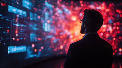 CEO presenting innovative ideas using holographic screens at a technology conference, engaging the audience with futuristic business solutions and digital advancements. Copy space