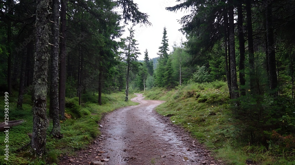 Poster winding path through lush green forest surrounded by majestic trees in natural light : generative ai