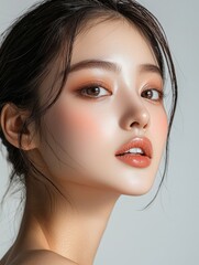Naklejka premium Asian woman with a beautiful face with radiant and healthy skin wearing a light for advertising a beauty clinic