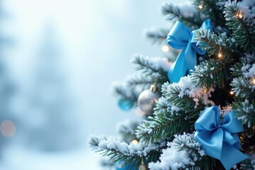 Snow-covered pine tree with blue ribbons and white tinsel, Sparkling ornaments, Frosty effect
