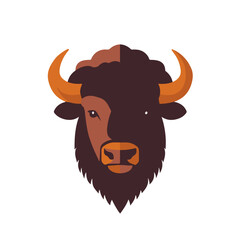 A Simple flat 2D illustration of a brown bison head isolated on a white background, animal icon, ai