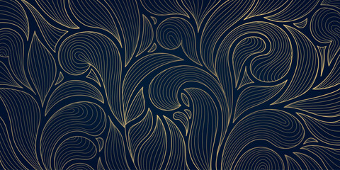 Vector art deco leaf pattern, gold luxury leaves wallpaper, garden vintage foliage background. Fancy ornament, nature flower design