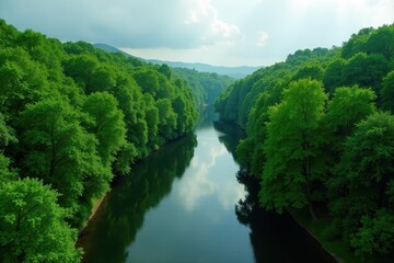 Obraz premium Serene River Winding Through Lush Green Foliage, a Tranquil Nature Scene of Peaceful Waters and Verdant Banks