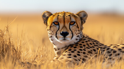 Fototapeta premium Cheetah resting in golden grasslands under a clear sky in early morning light, highlighting its distinctive spots and intense gaze