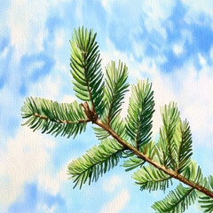 Watercolor painting of a pine branch against a bright blue sky