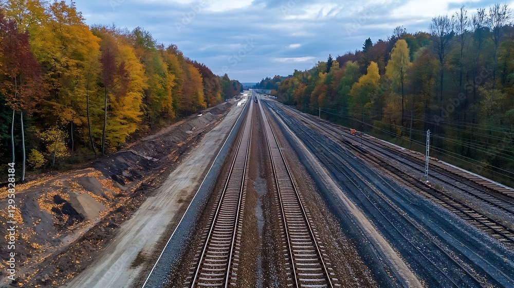 Aufkleber Aerial view of railway tracks surrounded by colorful autumn trees and cloudy sky : Generative AI