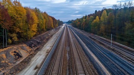 Fototapeta premium Aerial view of railway tracks surrounded by colorful autumn trees and cloudy sky : Generative AI