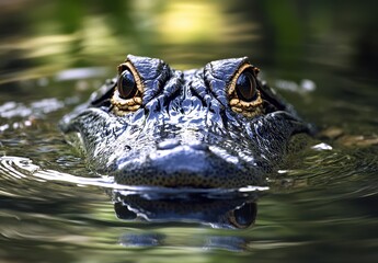 Obraz premium Captivating Close-Up of an Alligator Gliding Through a Serene Water Environment with Intriguing Eye Details and Reflective Surface