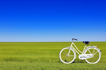 Obraz premium White bicycle on a green field under blue sky.