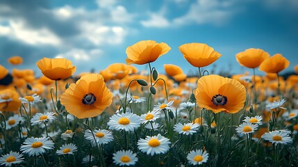 Obraz premium Orange poppies blooming in field, daisies foreground, cloudy sky, nature scene