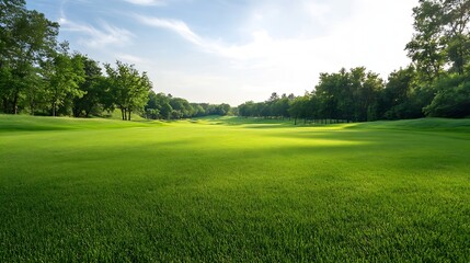 Expansive Green Golf Course Landscape Under Clear Blue Sky with Lush Grass and Trees : Generative AI