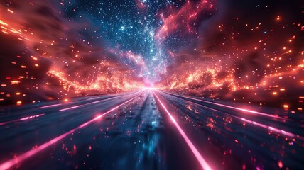 Obraz premium Futuristic tunnel with vibrant pink and blue lights. Abstract artwork of starry sky and planet with glowing red line and dark sky. Nebula outer space scene. Digital art for design and print. AIG53.