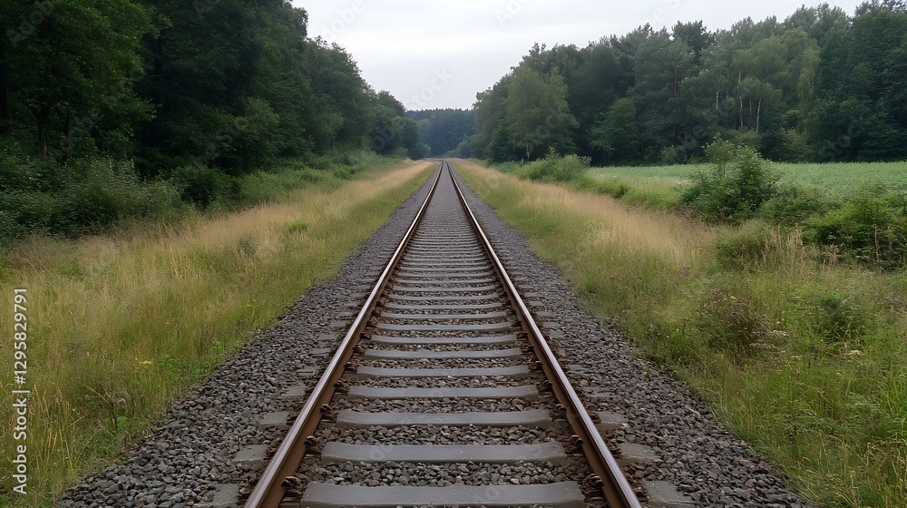 Leinwandbilder serene and tranquil railway tracks surrounded by lush greenery under a cloudy sky : generative ai