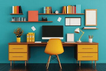 vibrant home office with yellow chair and organized shelves