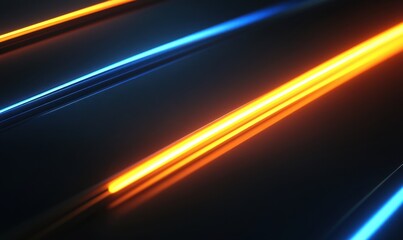 Fototapeta premium Diagonal blue & orange neon light streaks on dark background for modern design